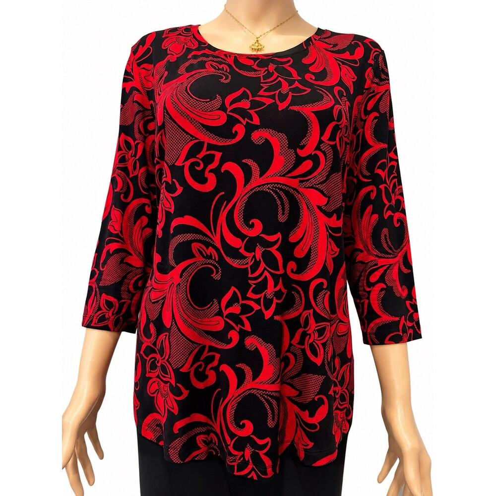 JM Collection Women Tunic Top Red Black 3/4 Sleeve Plus Size
